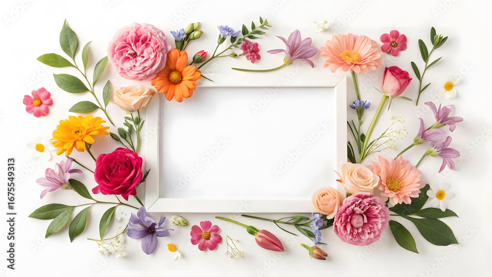 Obraz premium A beautiful flat lay of a white picture frame surrounded by a vibrant arrangement of colorful fresh flowers and green leaves.