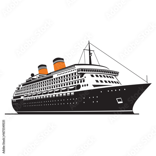 black and white silhouette of a vector cruise ship on a white background