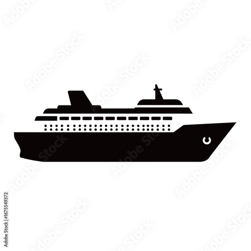 black and white silhouette of a vector cruise ship on a white background