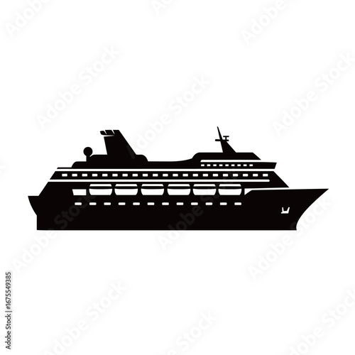 black and white silhouette of a vector cruise ship on a white background