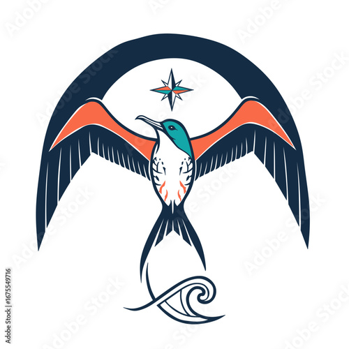 Vector art of a frigatebird with a compass rose and wave element. This stylized design, ideal for nature and travel themes, features a vibrant mix of teal, orange, and dark blue.