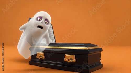 Animated ghost pops out of open coffin, surprising viewers with wide eyes and open mouth