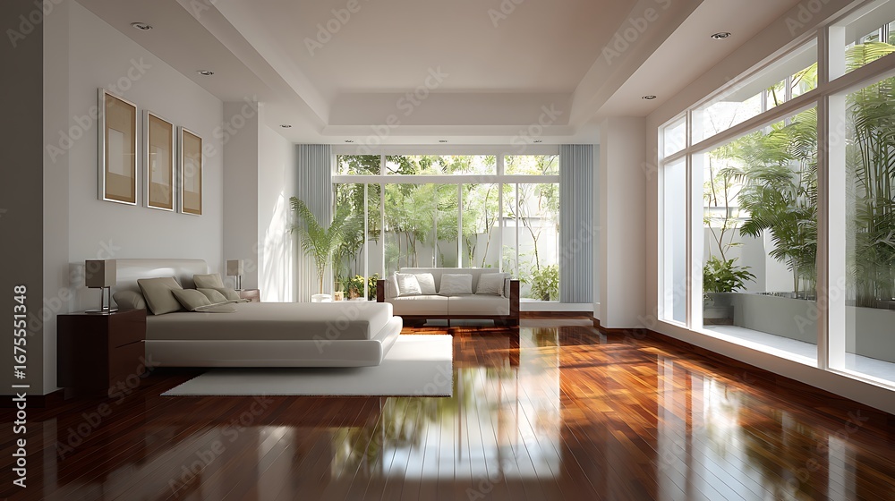 Fototapeta premium Bright and Spacious Bedroom with Modern Design and Natural Light