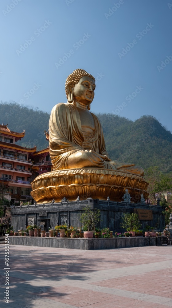 Fototapeta premium Golden Buddha statue in mountain serenity