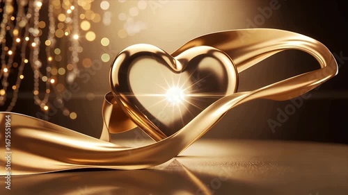Gleaming golden heart embraced by flowing ribbon, radiating warmth and luxury in soft bokeh lights