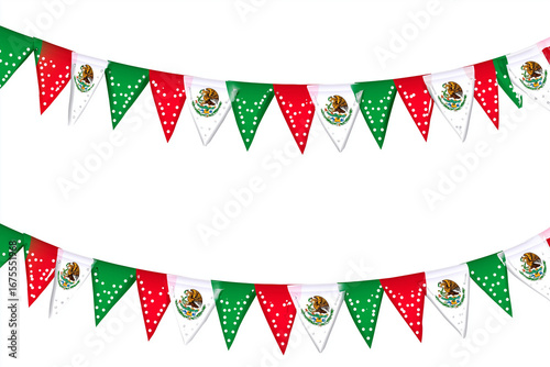 3D realistic Mexican flag bunting decoration, isolated on white background