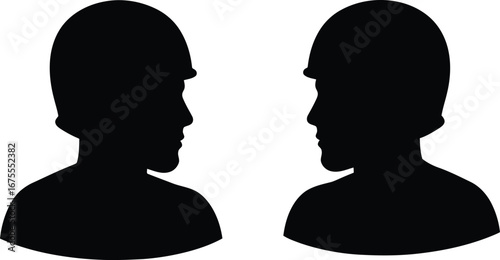 Two soldiers facing each other silhouette profile view vector