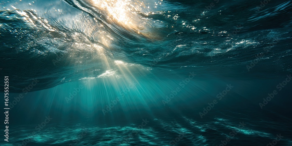 Obraz premium A meditative underwater scene with shimmering sunlight penetrating the surface, casting soft patterns on coral sand floor, calm serene vibe, golden hour light