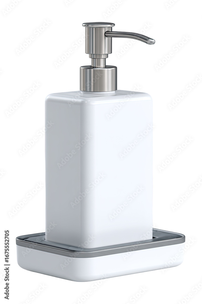 Obraz premium White rectangular soap dispenser with a gray base. Stainless steel pump top