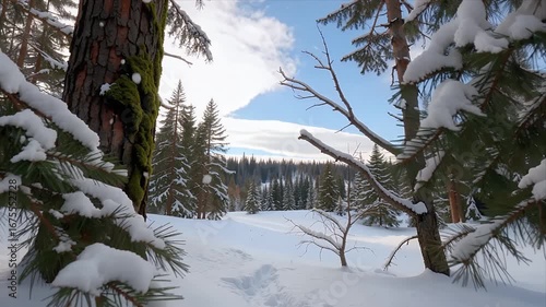 Crisp winter forest scene unfolds with fresh snow blanketing evergreen trees under a bright blue sky