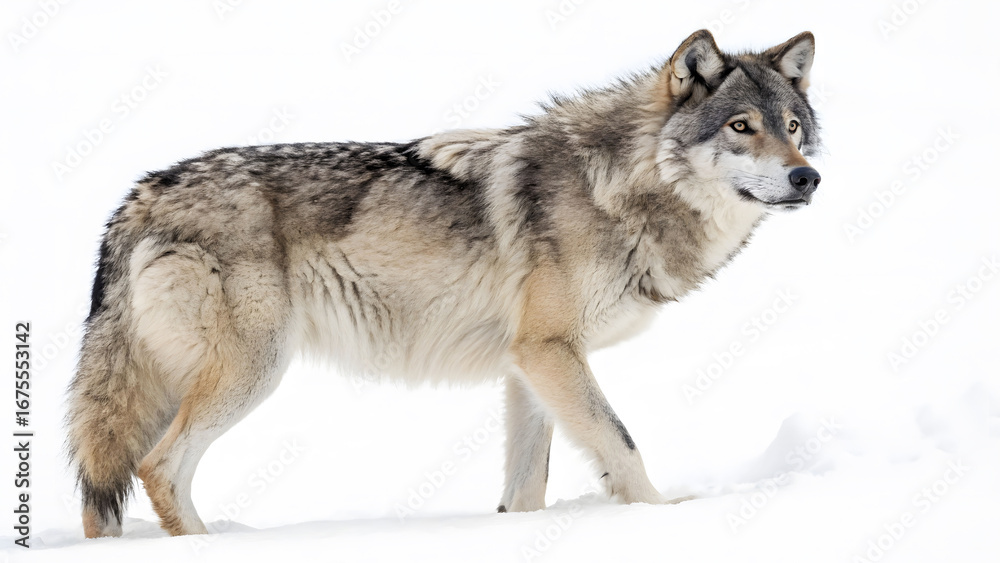 Obraz premium Gray wolf standing in the snow, looking alert and watchful.