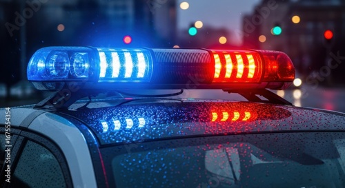 Wallpaper Mural Police Car Lights: Emergency Vehicle with Flashing Red and Blue Sirens in Cityscape Torontodigital.ca