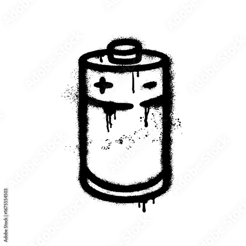 Spray-painted graphic of a leaking battery symbol with black paint splatters