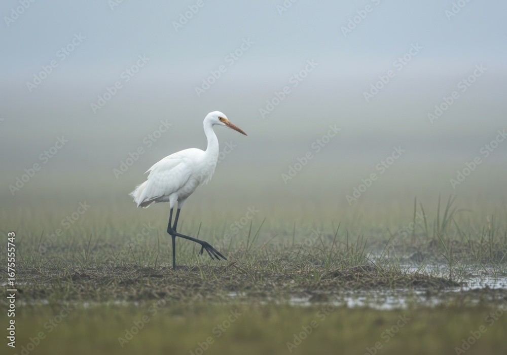 Obraz premium Elegant White Heron in Misty Wetlands