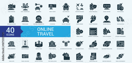 Travel online icon collection set with flight booking, car rental, train tickets, bus schedules, travel insurance, online reviews