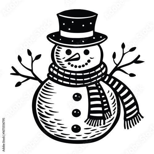 Illustration of a cute snowman with hat and scarf for winter holiday christmas season art