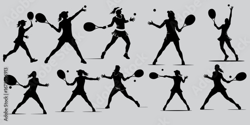 Set of Silhouette of a woman playing tennis
