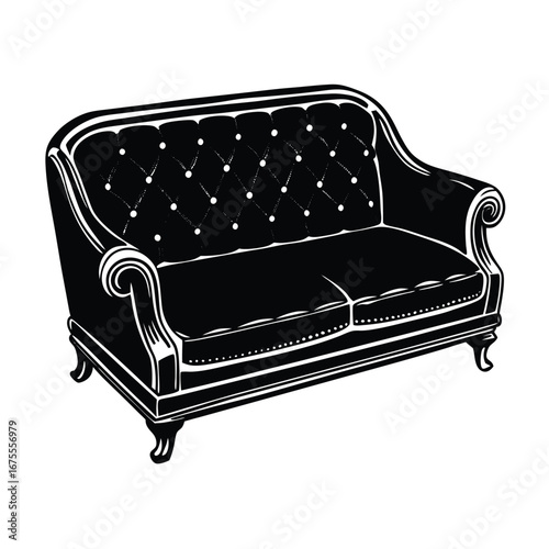 Elegant black and white vintage sofa couch illustration for furniture decor and design ideas