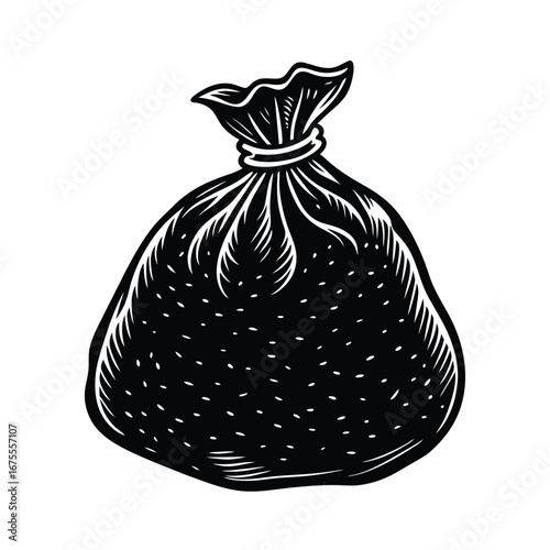 Illustration of a tied sack bag black and white drawing for food storage or garbage disposal use