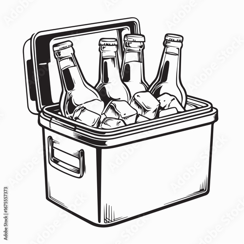 Cooler Box with Ice Cubes and Bottled Drinks Summer Picnic or Party Concept Vector