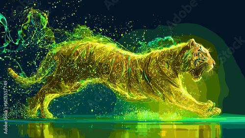 This captivating illustration depicts a powerful and dynamic creature, composed of intricate digital and neon elements. The creature is surrounded by vibrant, swirling streams of light and data, creat
