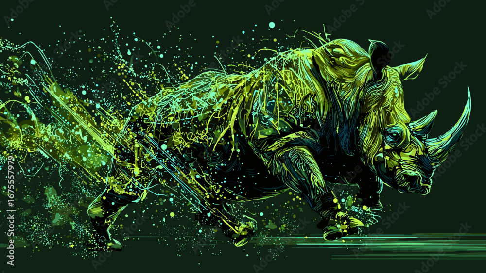 Fototapeta premium This captivating illustration depicts a powerful and dynamic creature, composed of intricate digital and neon elements. The creature is surrounded by vibrant, swirling streams of light and data, creat