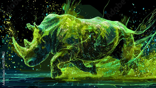 This captivating illustration depicts a powerful and dynamic creature, composed of intricate digital and neon elements. The creature is surrounded by vibrant, swirling streams of light and data, creat