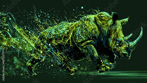 This captivating illustration depicts a powerful and dynamic creature, composed of intricate digital and neon elements. The creature is surrounded by vibrant, swirling streams of light and data, creat
