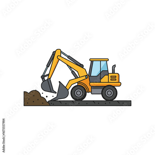 A vibrant yellow excavator, a powerful piece of heavy construction machinery, diligently digs into a pile of earth, illustrating industrial work.
