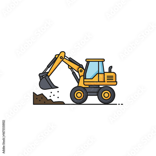A bright yellow wheeled excavator is actively digging into a pile of brown earth, showcasing heavy construction machinery at work.