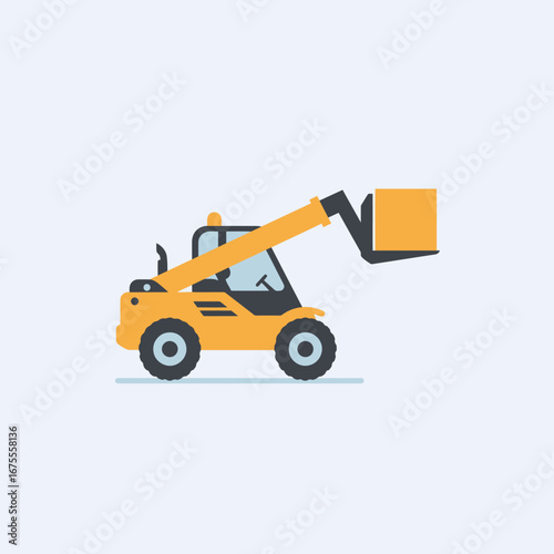 A yellow telehandler forklift with an extended boom and a pallet, in a minimalist flat design, represents construction and material handling.