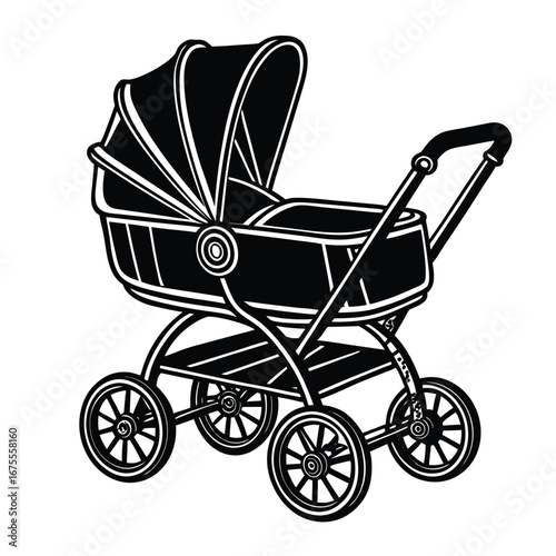 Vintage baby carriage stroller pram vector illustration for newborn infant child transport and care