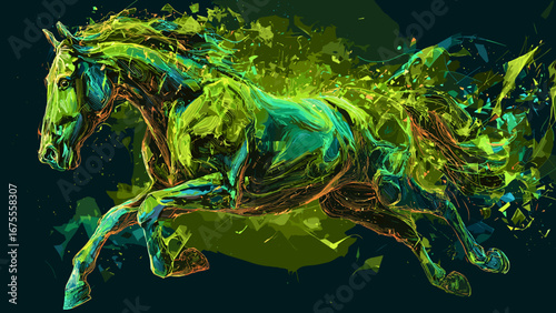 This captivating illustration depicts a powerful and dynamic creature, composed of intricate digital and neon elements. The creature is surrounded by vibrant, swirling streams of light and data, creat