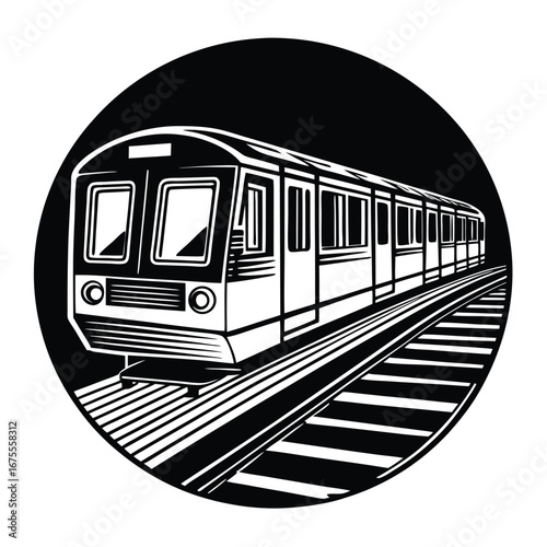 Black and white subway train illustration vector graphic for transportation design projects