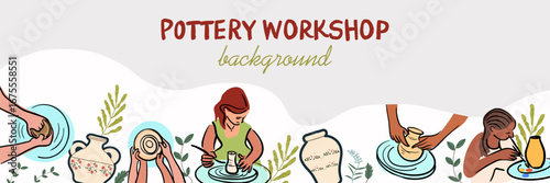 Horizontal banner , seamless border, pottery workshop. Vector flat line hand drawn isolated illustration.