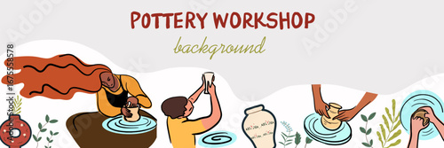 Horizontal banner , seamless border, pottery workshop. Vector flat line hand drawn isolated illustration.