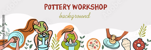 Horizontal banner , seamless border, pottery workshop. Vector flat line hand drawn isolated illustration.