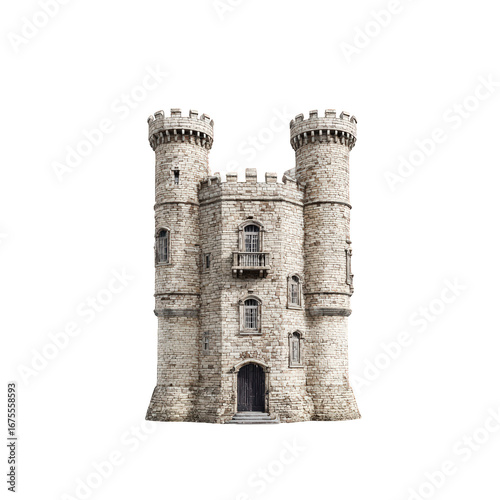 Detailed stone castle tower with two turrets isolated on black background