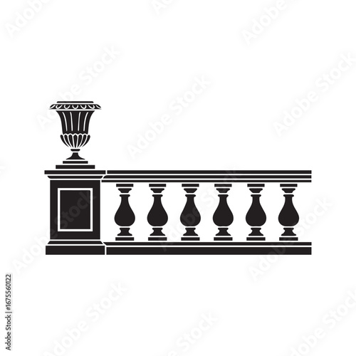 Classic balustrade silhouette. Vector graphic of a vintage balcony or terrace railing with balusters and an ornate urn.
