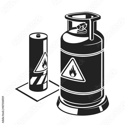 Vector silhouette illustration of hazardous energy sources showing a flammable gas tank and a dangerous battery with warning symbols, isolated black and white industrial icons