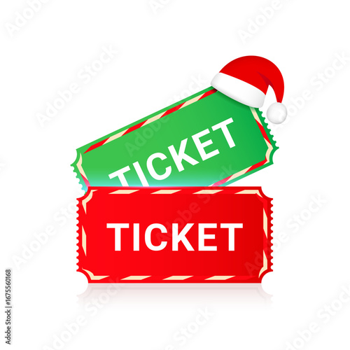Two Christmas tickets in red and green with a Santa Claus hat