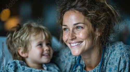 Smiling nurse caring for a young patient in a medical setting