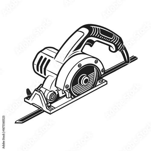 Monochrome vector illustration of a powerful electric circular saw for carpentry and construction, isolated on a white background