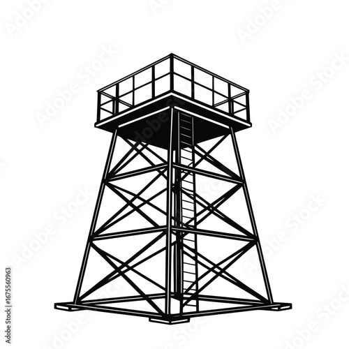 Industrial steel water tower with a reinforcement lattice framework. Black and white vector silhouette illustration of an elevated storage tank construction