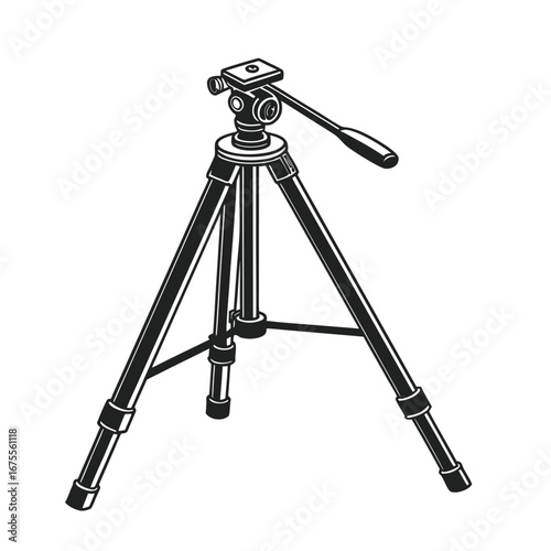Monochrome Illustration of a Photography Tripod Stable Support for Cameras and Equipment, Ready for Shoots