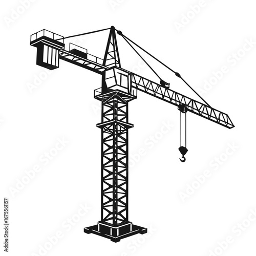 Vector silhouette of a towering construction crane, essential industrial equipment for heavy lifting and building projects, representing urban development and growth