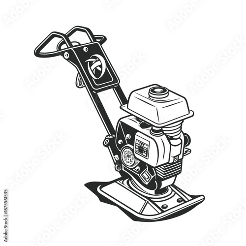 Vintage style black and white illustration of an industrial vibratory plate compactor for ground preparation and construction work
