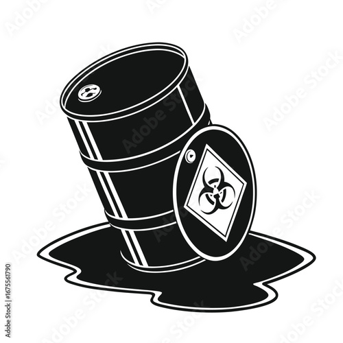 Biohazard Spill Black Silhouette of Leaking Barrel with Warning Sign, Symbolizing Environmental Hazard