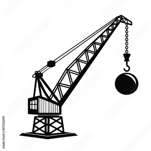 Vector silhouette icon of a demolition crane with a wrecking ball. Heavy industrial machinery for construction and deconstruction