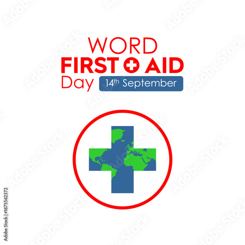 World First Aid Day 14th September design with medical cross symbol and world map illustration.